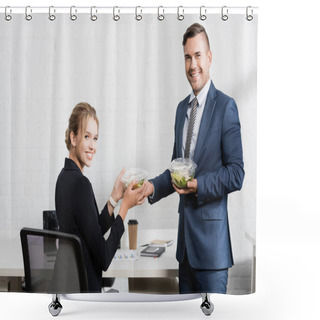 Personality  Smiling Businesspeople With Meal In Plastic Bowls, Looking At Camera During Break In Office Shower Curtains