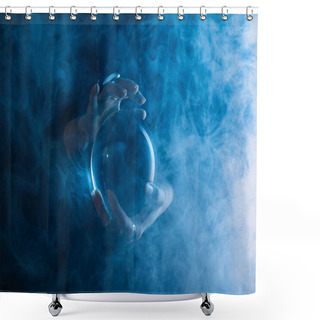 Personality  Partial View Of Witch Holding Crystal Ball With Smoke Around On Dark Blue  Shower Curtains