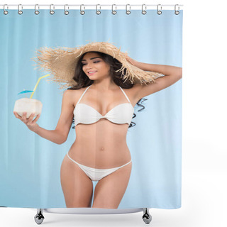 Personality  Attractive Slim Girl In Bikini And Straw Hat Holding Coconut Cocktail, Isolated On Blue Shower Curtains