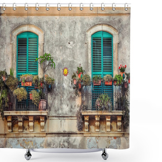 Personality  Beautiful Vintage Balcony With Colorful Flowers And Doors Shower Curtains