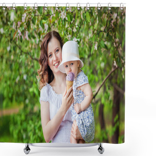 Personality  Young Beautiful Mom With Daughter In Hat Eating Ice Cream In Park In Spring Shower Curtains