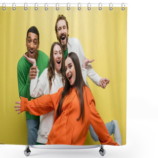 Personality  Excited Interracial Friends Having Fun On Yellow Background  Shower Curtains