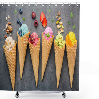 Personality  Various Of Ice Cream Flavor In Cones Blueberry ,strawberry ,pist Shower Curtains