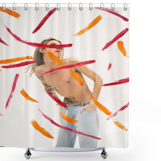 Personality  Queer Person With Shirtless Tattooed Body Holding Hands In Pockets Of Jeans Behind Glass With Colorful Paint Strokes On White Background Shower Curtains