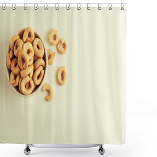 Personality  Taralli Is A Traditional Italian Appetizer, Similar To Drying Or Bagels, Typical Of The Cuisine Of Sicily And Calabria. Bagel On A White Background In A Bowl.Copy Space. Shower Curtains