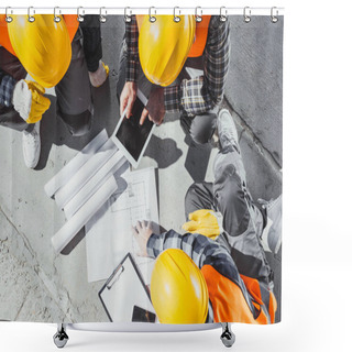Personality  Top View Of Three Construction Workers Sitting On Concrete And Discussing Building Plans Shower Curtains