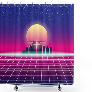 Personality  Synthwave Retro Futuristic Landscape With City, Sun, Stars And Styled Laser Grid. Neon Retrowave Design And Elements Sci-fi 80s 90s Space. Vector Illustration Template Isolated Background Shower Curtains