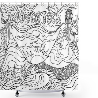 Personality  Coloring Page With The Inscription Woodstock, And Landscape With Shower Curtains