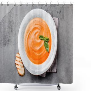 Personality  Traditional Spanish Andalusian Tomato Cream Soup - Salmorejo. Salmorejo Or Gazpacho Cream Soup On Gray Bowl, Slate Gray Background. Shower Curtains