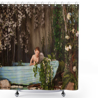 Personality  Baby With Angel Wings In A Boat With Flowers Shower Curtains