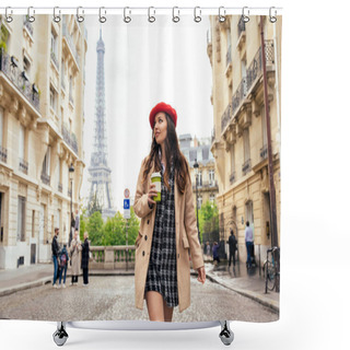 Personality  Beautiful Young Woman Visiting Paris And The Eiffel Tower. Parisian Girl With Red Hat And Fashionable Clothes Having Fun In The City Center And Landmarks Area Shower Curtains