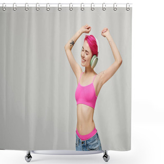 Personality  Jolly And Pierced Woman With Pink Hair Listening Music In Wireless Headphones On Grey Backdrop Shower Curtains