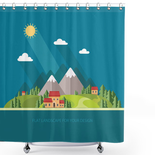 Personality  Landscape. Houses In The Mountains Among The Trees. Flat Style,  Shower Curtains
