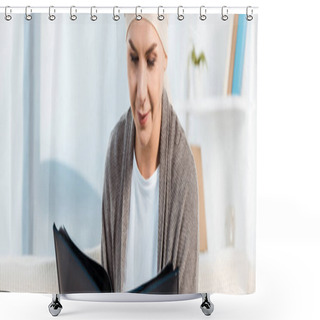 Personality  Panoramic Shot Of Sick Woman With Head Scarf Holding Photo Album  Shower Curtains