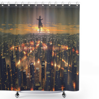 Personality  Man Floating In The Sky And Destroys The City With Evil Power, Digital Art Style, Illustration Painting Shower Curtains