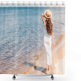 Personality  Back View Of Woman In Straw Hat And White Dress Walking On Beach Near Sea Shower Curtains