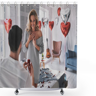 Personality  Blonde Young Woman Looking At Engagement Ring With Smile While Her Boyfriend Proposing Her To Marry Shower Curtains