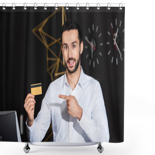 Personality  Bearded Receptionist Pointing At Credit Card And Smiling In Hotel  Shower Curtains