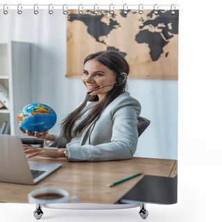 Personality  Smiling Travel Agent Holding Globe While Sitting At Workplace Shower Curtains