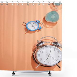 Personality  Top View Of Alarm Clocks And Hourglass On Peach Background Shower Curtains
