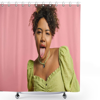 Personality  A Vibrant And Stylish African American Woman Pulls A Funny Face With Her Tongue Out. Shower Curtains