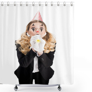 Personality  Female Clown In Suit Blowing In Birthday Blower Isolated On White  Shower Curtains