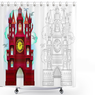 Personality  Colorful And Black And White Pattern Of Medieval Swiss Castle With Towers, Bells And Clocks. Printable Worksheet For Coloring Book For Children And Adults. Vector Cartoon Image. Shower Curtains