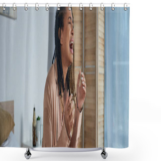 Personality  Grief, Depressed African American Woman Crying And Screaming At Home, Miscarriage Concept, Banner Shower Curtains