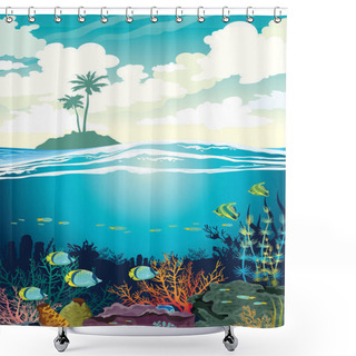 Personality  Beautiful Coral Reef With Fishes And Underwater Creatures On A Blue Sea And Silhouette Of Island With Palm Tree On A Cloudy Sky. Vector Underwater Seascape Illustration. Ocean Wildlife. Shower Curtains