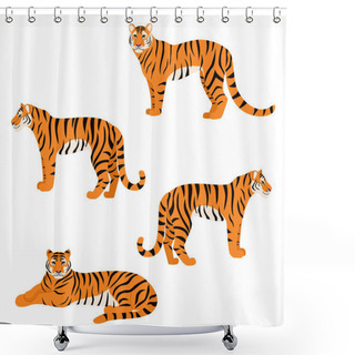 Personality   Set Of Tigers Isolated On White Background. Vector Illustration. Shower Curtains