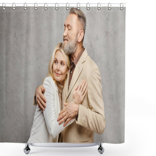 Personality  A Mature Loving Couple In Debonair Attire Warmly Embrace Each Other In A Graceful Pose Against A Gray Backdrop. Shower Curtains