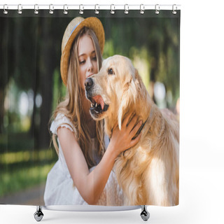 Personality   Beautiful Girl In White Dress And Straw Petting Golden Retriever And Looking At Dog Shower Curtains