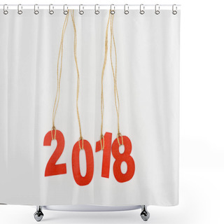 Personality  Close Up View Of 2018 Year Sign Hanging On Strings Isolated On White Shower Curtains