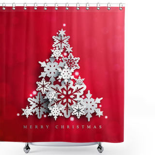 Personality  Christmas And New Years Card With Christmas Tree Made Of Decorative Cutout Snowflakes On The Bright Red Background. Shower Curtains