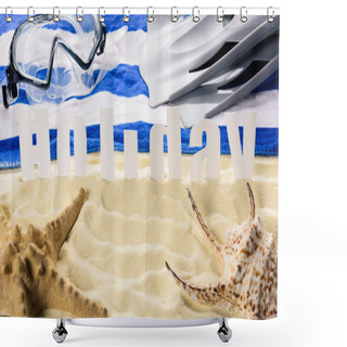Personality  Starfish With Seashell And Word Holiday On Sandy Beach Shower Curtains