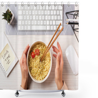 Personality  Cropped Shot Of Person Holding Bowl With Noodles And Chopsticks At Workplace Shower Curtains