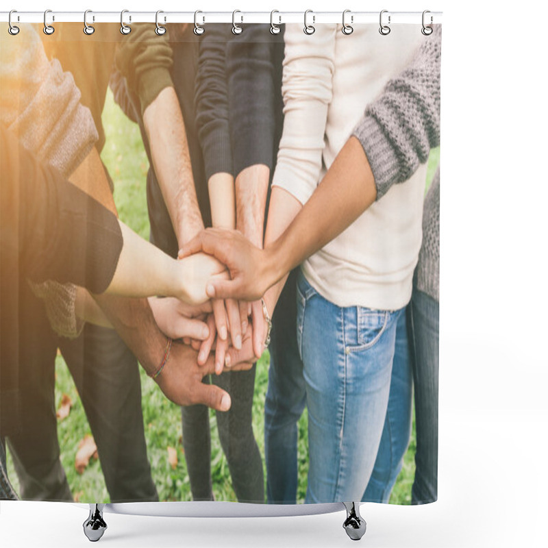 Personality  Multiracial Group of Friends with Hands in Stack, Teamwork shower curtains