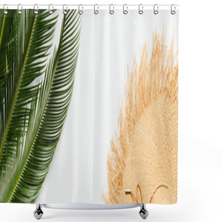 Personality  Top View Of Green Palm Leaves Near Straw Hat On White Background, Panoramic Shot Shower Curtains