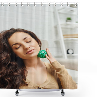 Personality  Portrait Of Pleased Brunette Woman With Closed Eyes In Brown Jumper Massaging Lymphatic Nodes With Manual Massage Ball In Living Room, Lymphatic System Support And Home-based Massage Shower Curtains
