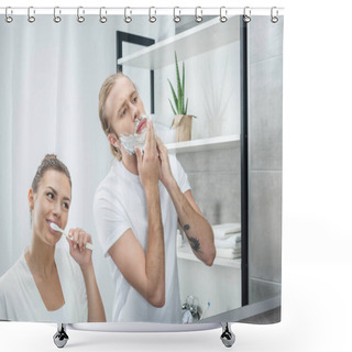 Personality  Couple Doing Morning Routine Shower Curtains