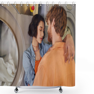 Personality  Romantic Young Asian Woman Hugging Redhead Boyfriend Near Washing Machine In Public Laundry Shower Curtains