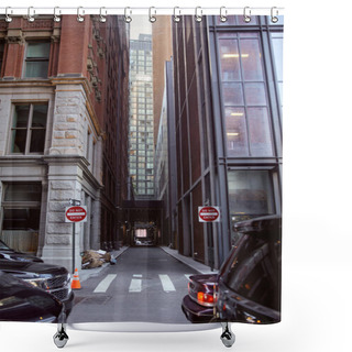 Personality  Cars Parked Near Do Not Enter Road Signs Between Modern Buildings On Urban Street In New York City Shower Curtains