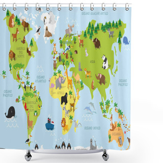 Personality  Funny Cartoon World Map In Spanish With Traditional Animals Of All The Continents And Oceans. Vector Illustration For Preschool Education And Kids Design Shower Curtains