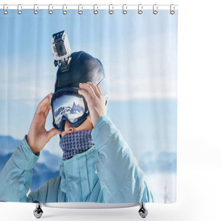 Personality  Skier With Action Camera On A Helmet. Ski Goggles  With The Reflection Of Snowed Mountains. Portrait Of Man At The Ski Resort On The Background Of Mountains And Blue Sky,. Wearing Ski Glasses Shower Curtains