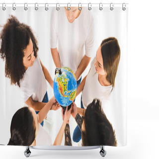 Personality  Overhead View Of Multicultural Group Holding Globe And Standing In Circle Isolated On White   Shower Curtains