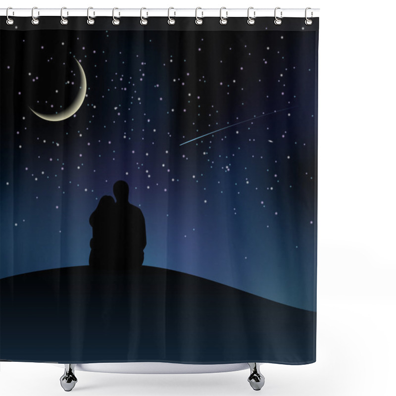 Personality  Black Couple Silhouettes Sitting On The Hill And Watching Starry Sky Shower Curtains