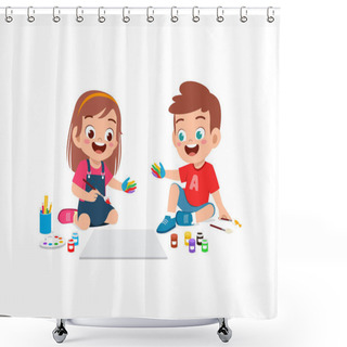 Personality  Cute Little Boy And Girl Using Paint To Hand For Art Shower Curtains