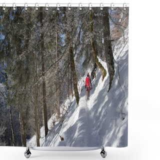 Personality  Back View Of Tourist With Backpack Walking In Snowy Mountains Near Neuschwanstein Castle, Germany Shower Curtains