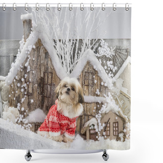 Personality  Shih Tzu In Front Of A Christmas Scenery Shower Curtains