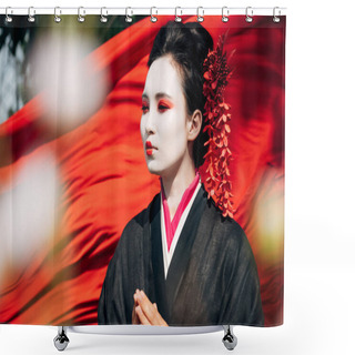 Personality  Selective Focus Of Tree Branches And Beautiful Geisha Looking Away With Red Cloth On Background In Sunlight Shower Curtains